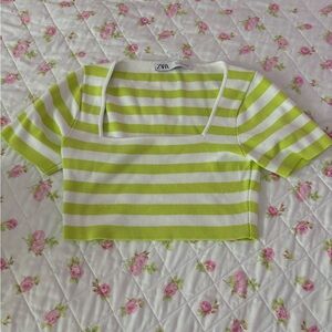 Zara Lime and White Striped Knit Top